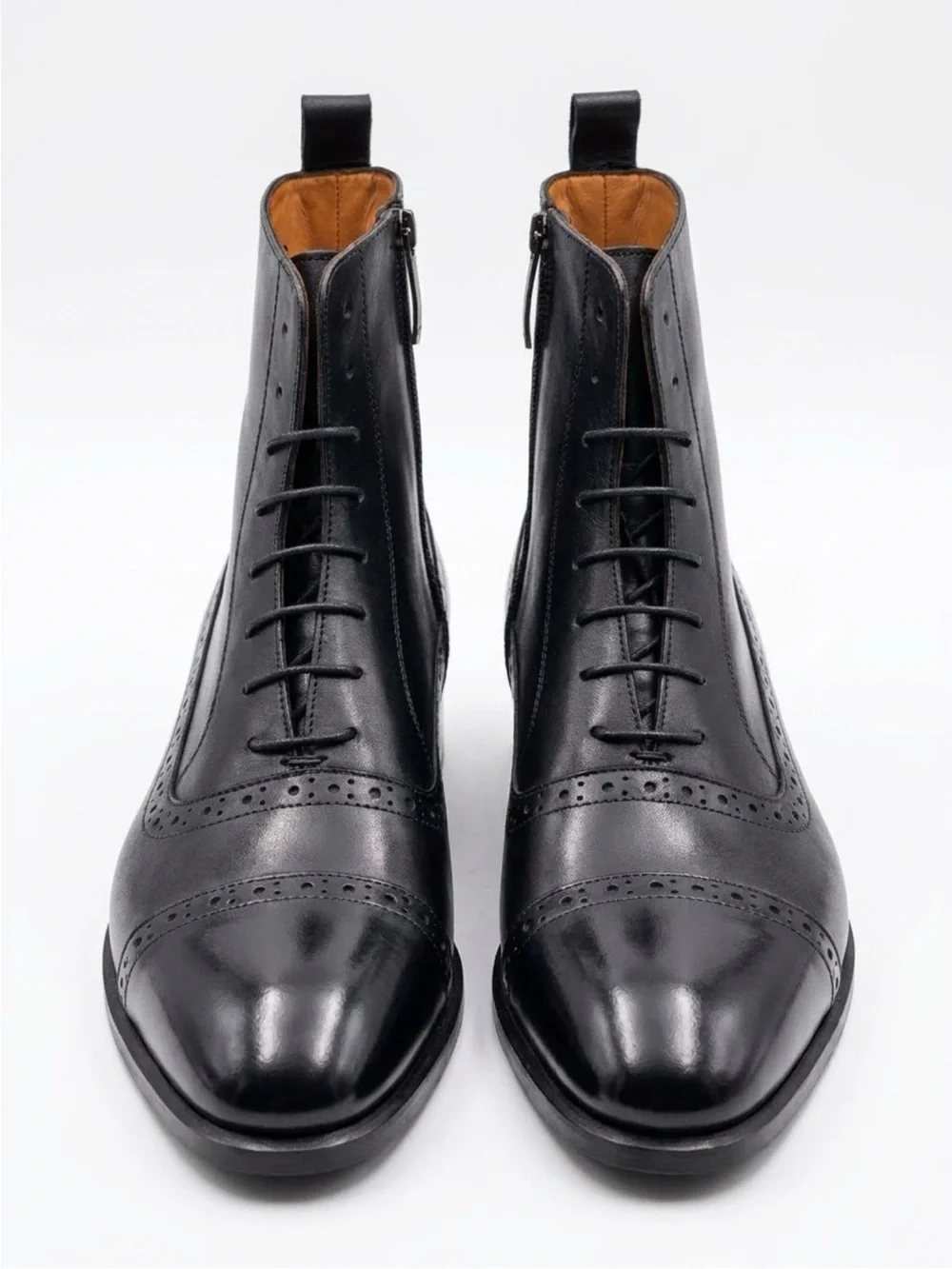 Men's Black Leather Cap-Toe Lace-Up Boots with red bottom